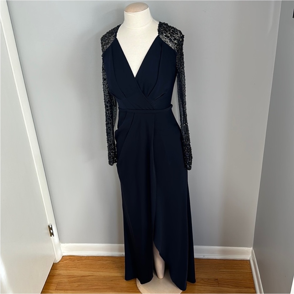 Elegant Black Gown with Sequin Sleeves